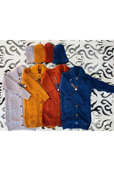 Hilal Akıncı Kids Unisex Κουμπιά Oversize Μακρύ Πλεκτό Ζακέτα Beanie Διπλό Σετ