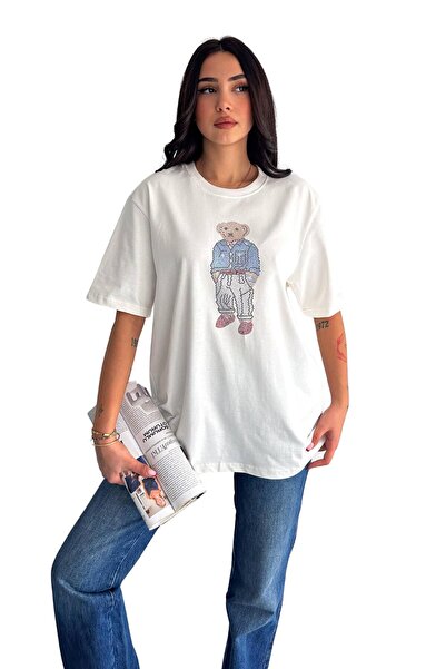 Moda Amore Teddy Bear T-Shirt - Προσαρμοσμένο Σχέδιο Κεντημένο με Πέτρα Oversize Άνετη Κοπή 405