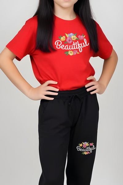 YA KO KİDS Beautiful Roses Printed Girls' Short Sleeve T-Shirt and Sweatpants Set