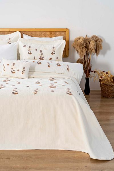 Rivaİstanbul Nova Ecru Punch Embroidered Double Duvet Cover Pique Set - 8 Piece Dowry Set