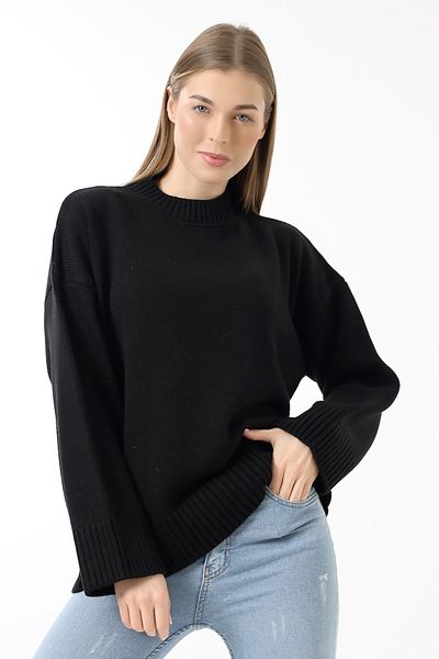 Devinka Pulover de damă, negru, cu decolteu, tricotaj supradimensionat