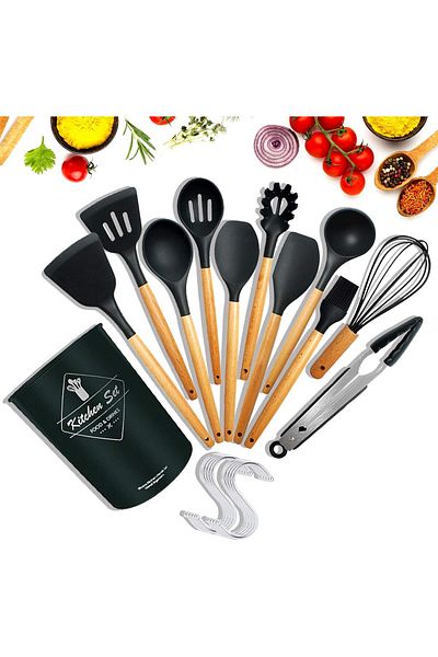 Yelajoy Cooking Utensils Set of 11, with Wooden Handle, Non-stick Cookware Friendly & Heat Resistant