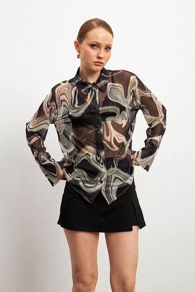 MODAGEN Women's Black Patterned Spanish Sleeve Tulle Shirt