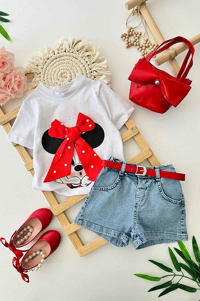 Minigimin Cicileri Mnn Bow D.Areasi T-Shirt, Red Green & Blue, Denim Shorts Belt & Bag