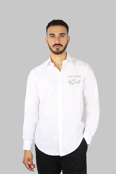 PAUL&SHARK Men's Slim Fit White T-Shirt-Long Sleeve with Brand Logo 25413504 -010