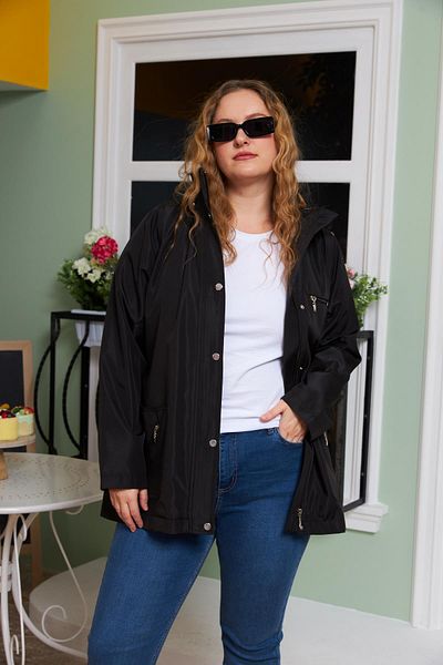 RMG Large Size Black Trench Coat with Inner Lining and Plaid Detail