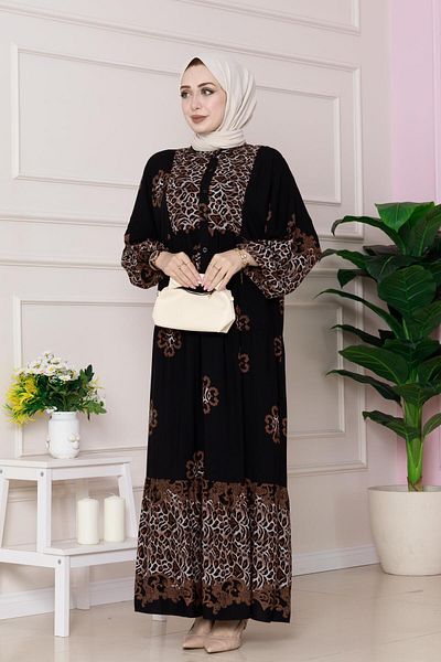 Sevitli Leopard Patterned Robe Viscon Dress-Black