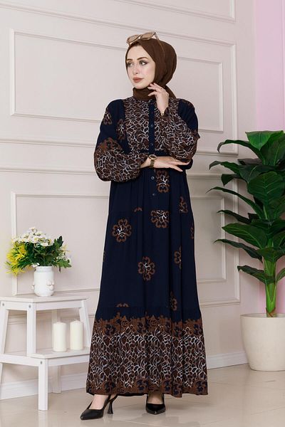 Sevitli Leopard Patterned Robe Viscon Dress-Navy Blue