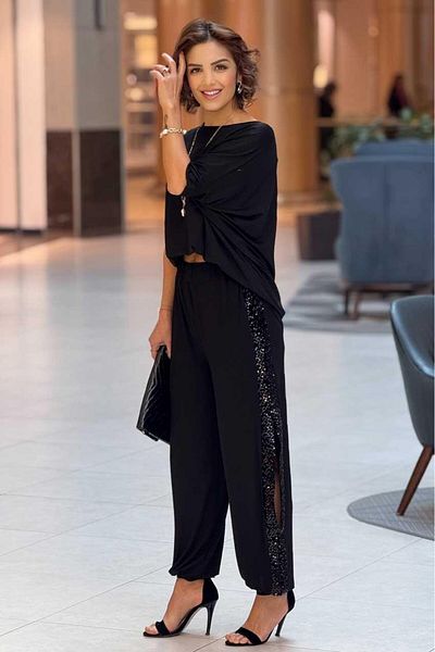 Nevin Kaya Moda Black Sequin Sequin Detailed Slit Cotton Baggy