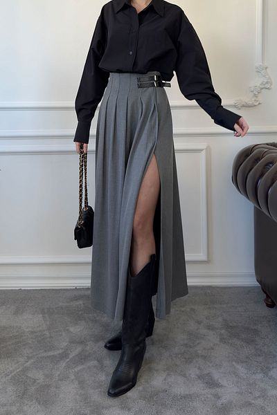 MAGARDE Slit Pleated Belt Detail Skirt - Gray