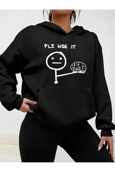 JENOLAN Women's Funny'Use This' Printed Hooded Black Gray Sweatshirt Oversize