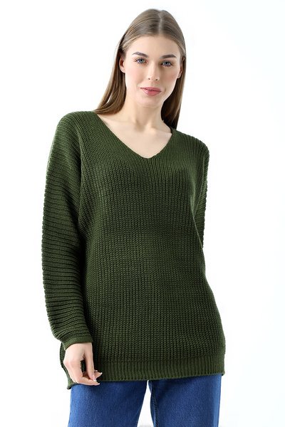 Devinka Women's Khaki Oversize Casual V-Neck Knitwear Sweater