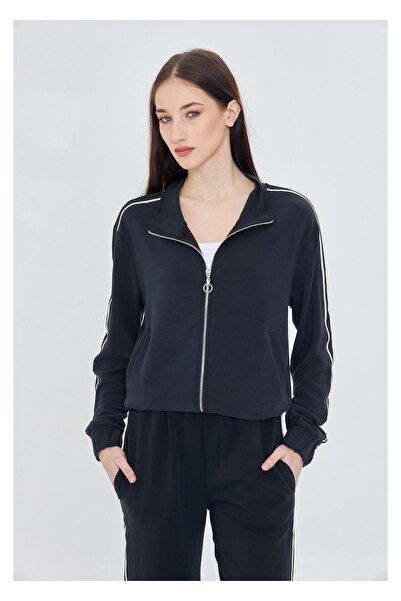 TIFFANY&TOMATO Fermuarlı Şeritli Dalgıç Sweatshirt-Siyah