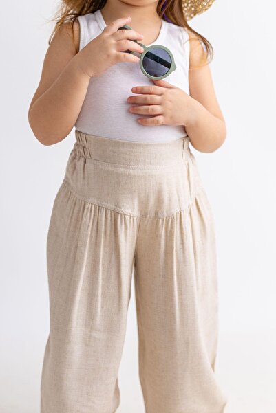 Oliven The Kid Korsajlı Büzgülü Keten Kız Çocuk Pantolon Bej