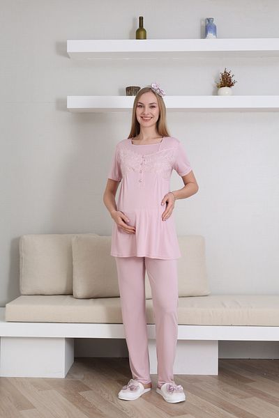 ERDENİZ TEKSTİL Laced Sleeves, Dressing Gown, Breastfeeding Detailed Short Sleeve Maternity-Pregnant Pajama Set, Set of 3