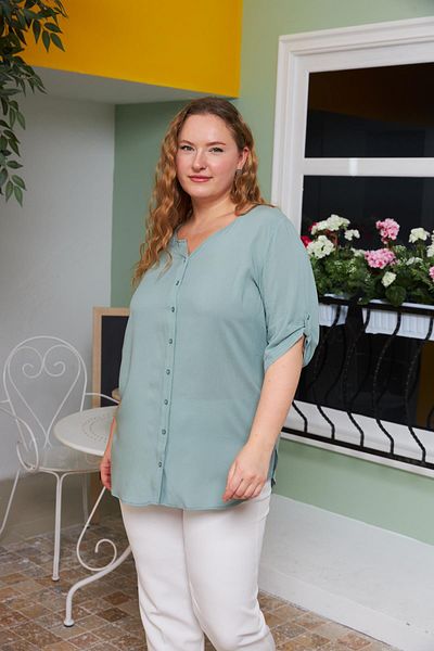 RMG Sleeve Detailed Voile Viscose Large Size Shirt Green