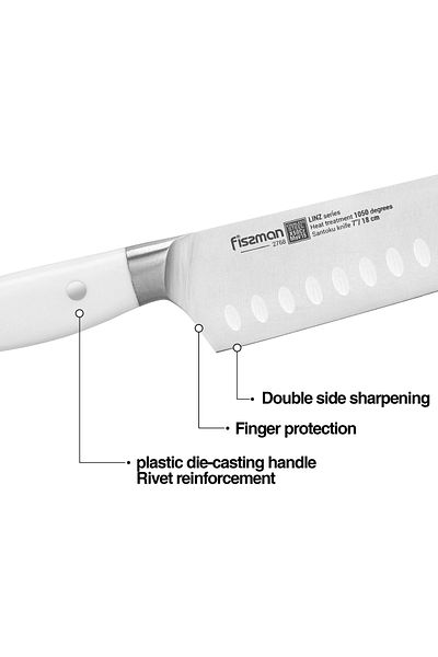 Fissman 7" Santoku Knife German Stainless Steel X30Cr13 Kitchen Granton Knife White ABS Handle