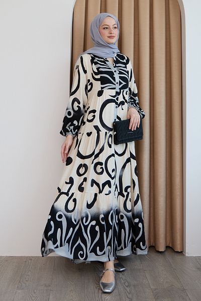 InStyle Patterned Viscose Black Dress with Placket Front