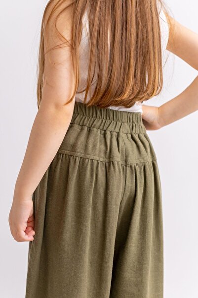 Oliven The Kid Korsajlı Büzgülü Keten Kız Çocuk Pantolon Haki