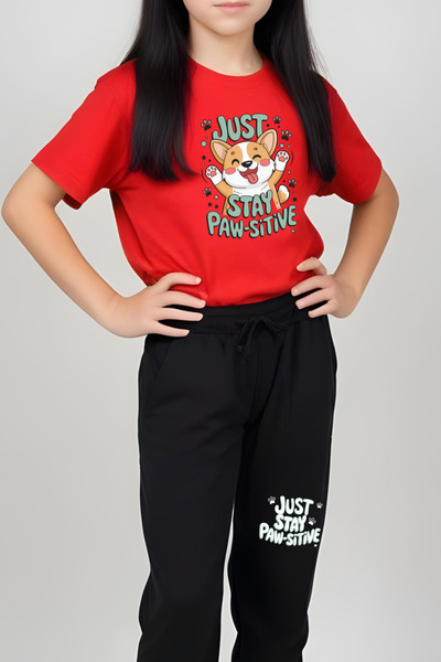 YA KO KİDS Stay Paw-Sitive Printed Girls Short Sleeve T-Shirt and Sweatpants Bottom-Top Set
