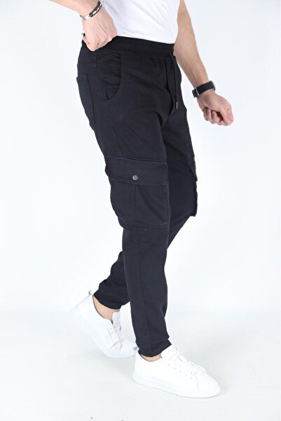 MYRAB DENİM بنطال رجالي أسود جيب جانبي كبير مع خصر وأرجل مرنة قماش قابل للتمد...