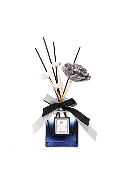 Missi 220 ml Siyah Kare Cam Şişe Seramik Çiçek Taş Bambu Çubuklu Black Orchid...