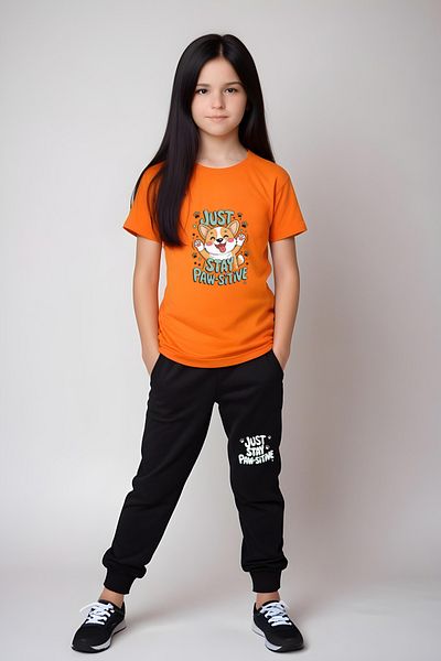 YA KO KİDS Stay Paw-Sitive Printed Girls Short Sleeve T-Shirt and Sweatpants Bottom-Top Set