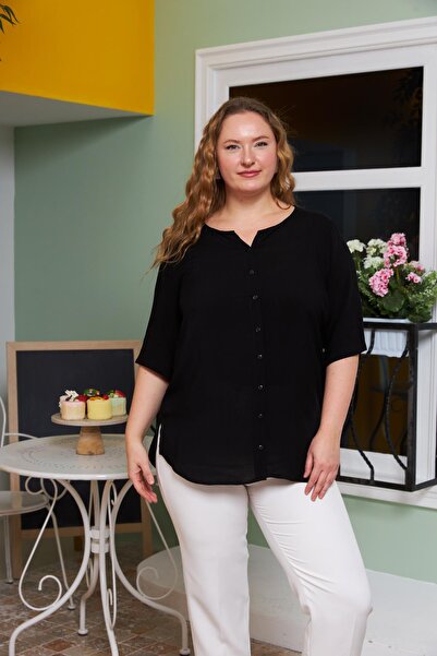 RMG Черна риза с голям размер - детайли на ръкавите и вискоза