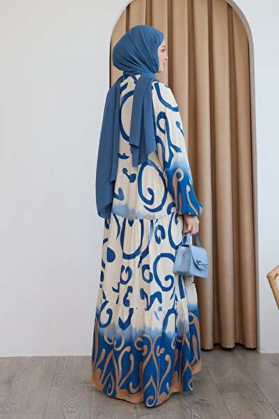 InStyle Patterned Viscose Blue Dress with Placket on the Front