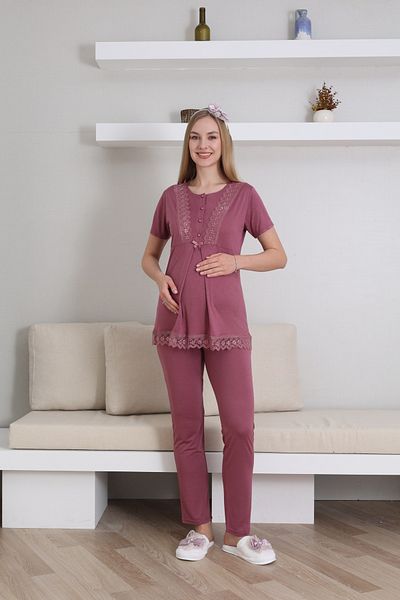 ERDENİZ TEKSTİL Maternity-Pregnant Pajama Set with Dressing Gown, Short Sleeves, Button Collar, Set of 3