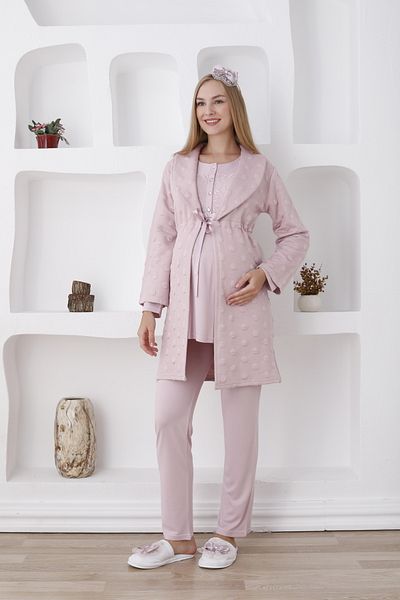 ERDENİZ TEKSTİL Maternity Pajama Set Dressing Gown Quilted Fabric Suitable for Breastfeeding and Hijab 3 Pieces