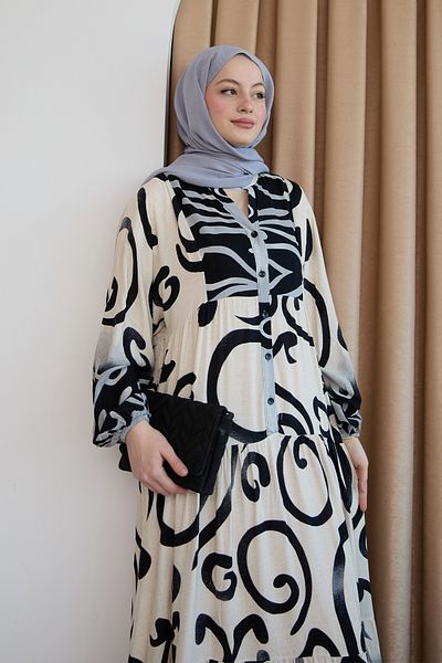 InStyle Patterned Viscose Black Dress with Placket Front