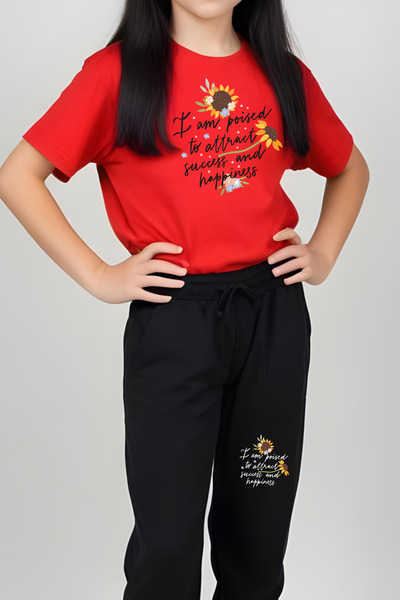 YA KO KİDS Attract Printed Girl's Short Sleeve T-Shirt and Sweatpants Set