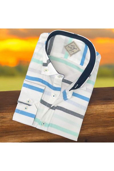 EREN STYLE Cămașă pentru bărbați cu mânecă lungă din bumbac, cu dungi albastre (Slim Fit Fit)