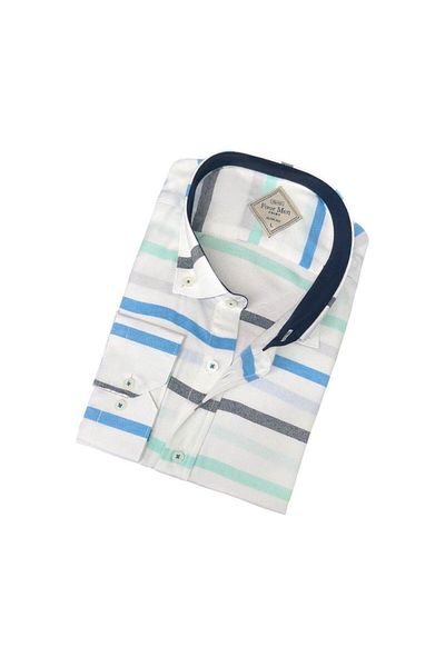 EREN STYLE Cămașă pentru bărbați cu mânecă lungă din bumbac, cu dungi albastre (Slim Fit Fit)
