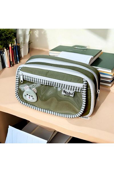 BABUN Bergama Green Color Large Wide Premium Girls Boys Children Teenager Pencil Case Pen Holder Makeup Purse