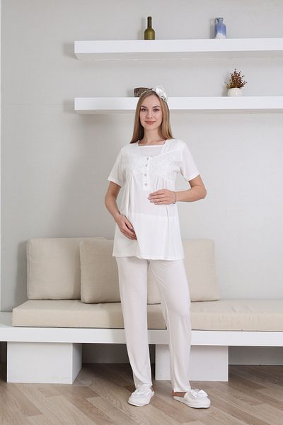 ERDENİZ TEKSTİL Laced Sleeves, Dressing Gown, Breastfeeding Detailed Short Sleeve Maternity-Pregnant Pajama Set, Set of 3