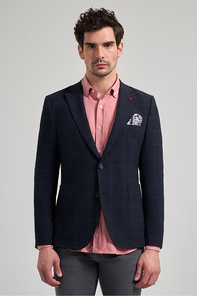 İmza Μαύρο καρό μονό γιακά Lycra Extra Slim Fit Casual Jacket 1002240156