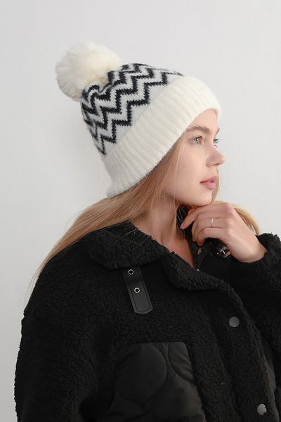 Luminos Butik White Zigzag Patterned Imported Beret with Wool Inside Bere1128