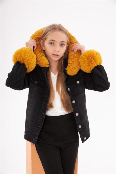 Hilal Akıncı Kids Черно дънково яке за момиче с качулка и цветна козина на ръкавите