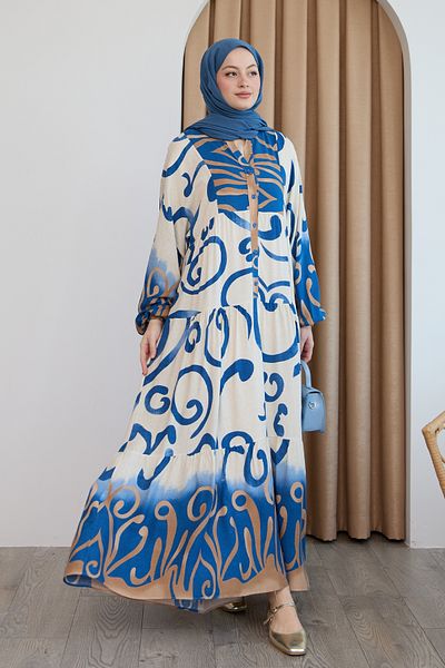 InStyle Patterned Viscose Blue Dress with Placket on the Front
