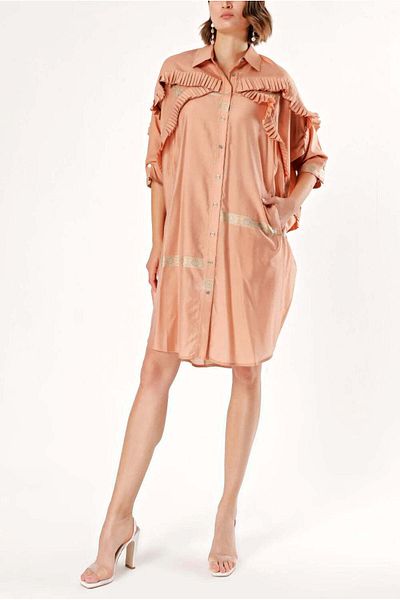 SOCIETA Salmon Loose-fitting pleated shirt dress 94020