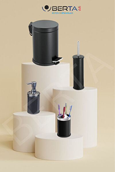 Berta Hijyen Siyah 4'lü Banyo Seti Çöp Kovası Tuvalet Fırçası Sabunluk Diş Fı...