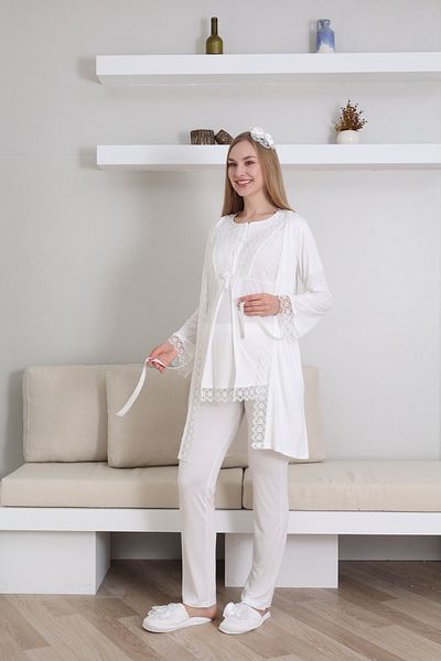 ERDENİZ TEKSTİL Maternity-Pregnant Pajama Set with Dressing Gown, Short Sleeves, Button Collar, Set of 3