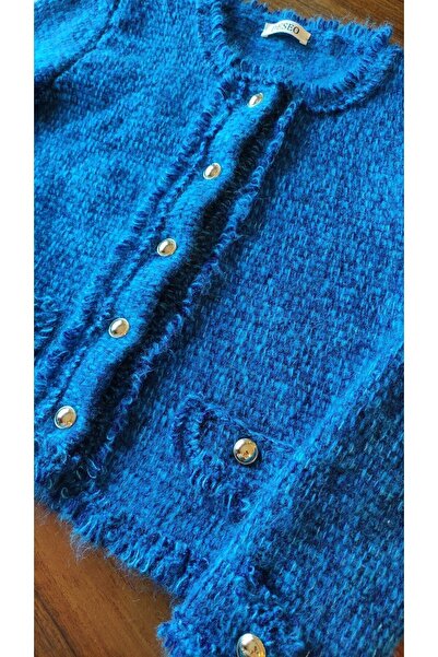 DESEO BOUTIQUE Kadın Mavi Renk El Emeği Göz Nuru (XS-S BEDEN) El Örgüsü-handmade-handknitted Örgü Ceket