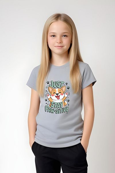 YA KO KİDS Stay Paw-Sitive Printed Girls Short Sleeve T-Shirt and Sweatpants Bottom-Top Set