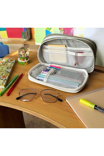 BABUN Bergama Green Color Large Wide Premium Girls Boys Children Teenager Pencil Case Pen Holder Makeup Purse