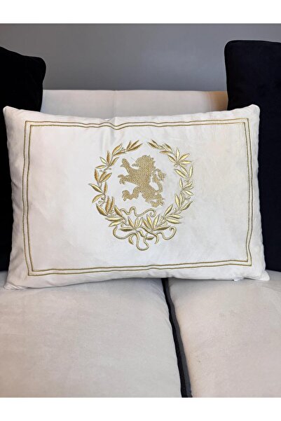 ref crea Royal Throw Pillow with Lion Symbol Embroidery - Ecru Gold