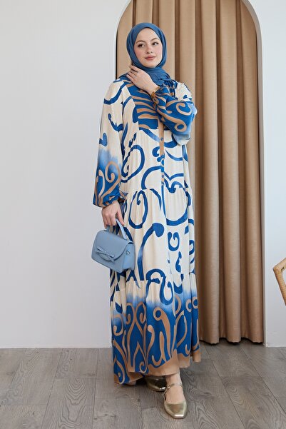 InStyle Patterned Viscose Blue Dress with Placket on the Front