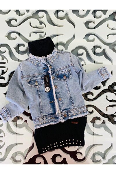 Hilal Akıncı Kids Kız Çocuk Taş Detaylı Gri Triko Elbise Kot Ceketli 2'li Takım